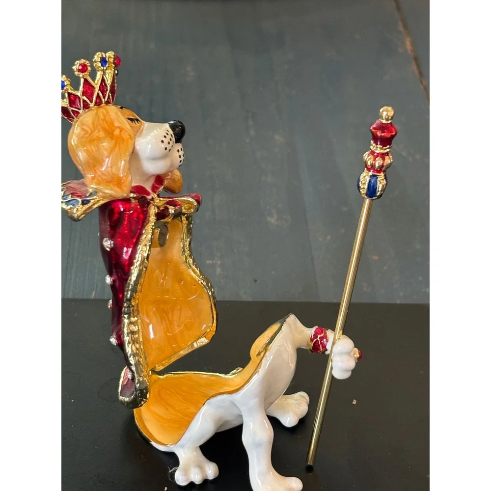 Royal Beagle Dog Enameled Jeweled Trinket Box King Hound Crown Scepter Figurine